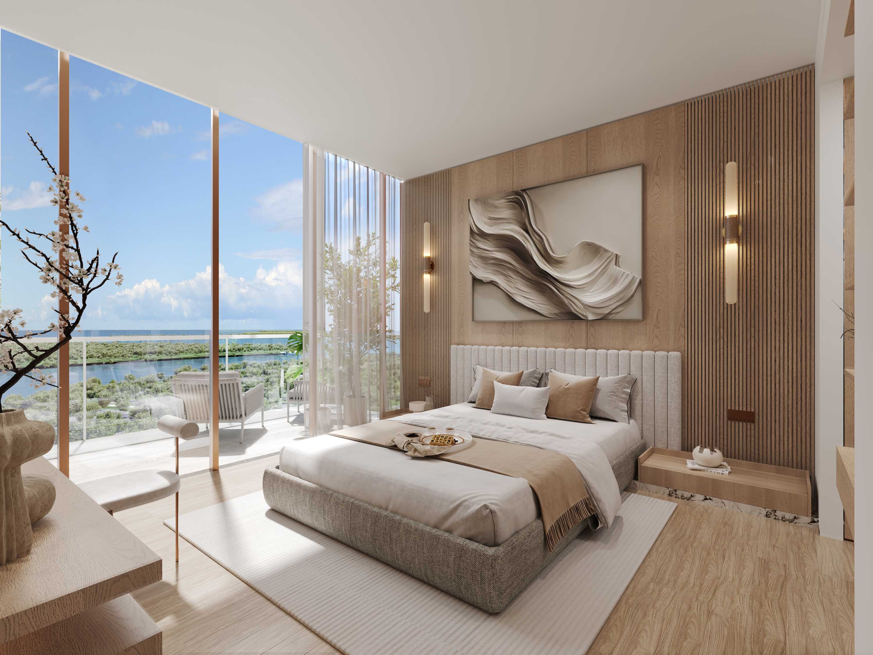 Wynwood Horizon By Imtiaz A modern bedroom featuring large windows, light wood finishes, plush bedding, and serene landscape views.